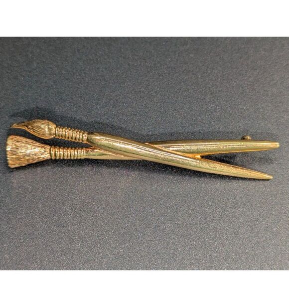 Paint Brushes Gold Tone Brooch - Picture 1 of 5